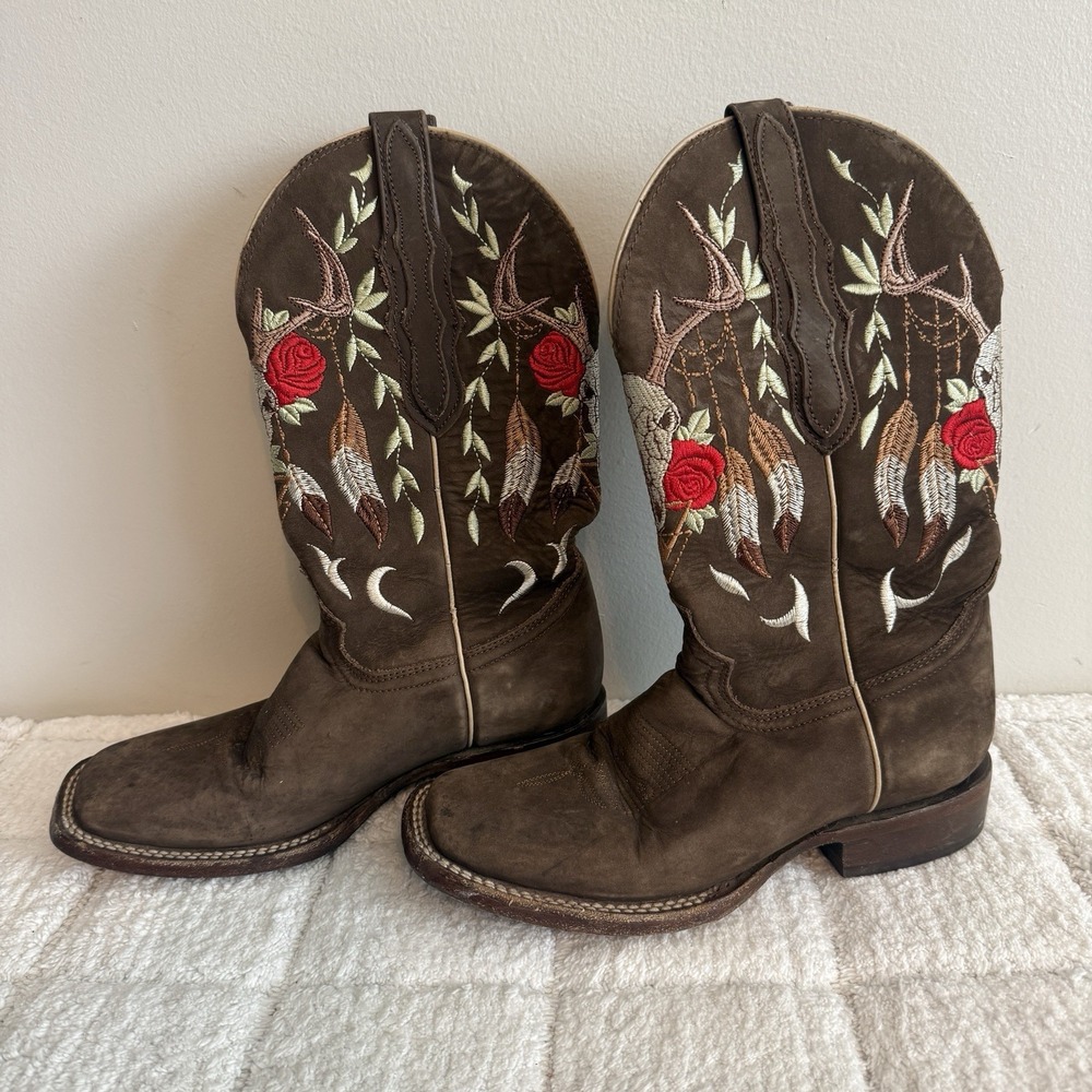 El General Cowgirl Western Embroidered Boots Size 6 Pull On Boho Floral Rodeo